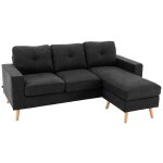 Canap d'angle 3 places design scandinave bois tissu de lin noir