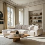 Canap� d'angle convertible 5 places en tissu beige