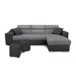 Canap d'angle convertible en microfibre et simili avec poufs - gris