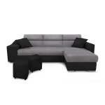 Canap d'angle convertible en microfibre / simili avec poufs - gris / noir