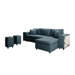 Canap d'angle convertible et poufs en tissu - bleu