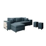 Canap d'angle convertible et poufs en tissu - bleu