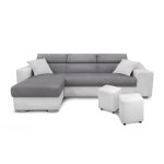 Canap d'angle droit microfibre / simili avec poufs - blanc / gris