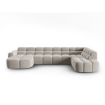 Canap d'angle droit panoramique 7 places en tissu velours beige clair