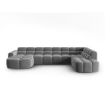 Canap d'angle droit panoramique 7 places en tissu velours gris clair