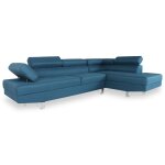Canapé d'angle droit têtières relevables 5 places tissu bleu canard Canapé d'angle droit têtières relevables 5 places tissu bleu canard