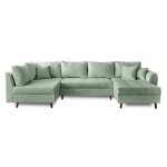 Canapé d'angle gauche convertible 7 places en tissu bouclette vert Canapé d'angle gauche convertible 7 places en tissu bouclette vert