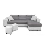 Canap d'angle gauche microfibre / simili avec poufs - blanc / gris