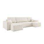 Canap d'angle panoramique convertible 6 places tissu bouclette blanc