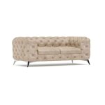 Canap� chesterfield 2 places en velours beige avec pieds argent�s