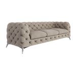 Canap� chesterfield 3 places en velours, pieds en m�tal, cr�me fonc�e