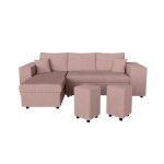 Canapé convertible 2 poufs droit et étagère en velours côtelé - rose Canapé convertible 2 poufs droit et étagère en velours côtelé - rose