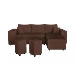 Canapé convertible 2 poufs gauche et étagère en velours côtelé marron Canapé convertible 2 poufs gauche et étagère en velours côtelé marron