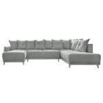 Canap panoramique 7 places angle droit en tissu gris clair