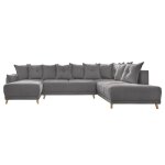 Canap panoramique 7 places angle droit en tissu gris fonc