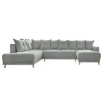 Canap panoramique 7 places angle gauche en tissu gris clair