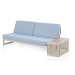 Canapé avec table d'appoint teck, aluminium blanc, coussins bleus Canapé avec table d'appoint teck, aluminium blanc, coussins bleus