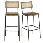 Chaises de bar professionnelles en cuir marron, acier noir et cannage en rotin (x2)