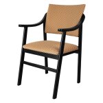 Chaise en bois noir et tissu � motif damier beige et brun