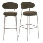 Chaises hautes de bar en acier chrom� et bouclettes vert kaki (x2) h78
