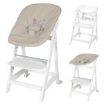 Chaise haute avec transat cuir grège inclinable en bois blanc Chaise haute avec transat cuir grège inclinable en bois blanc