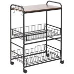 Chariot de cuisine 3 niveaux mtal noir plateau aspect noyer