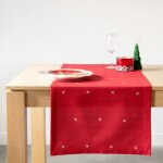 Chemin de table en coton bio rouge et toiles brodes 50x150