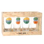 Chopes en verre transparent, bleu, orange (x4) avec support