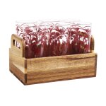 Chopes en verre transparent motif floral rouge (x6) et support en bois d'acacia