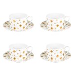 Coffret 4 tasses � th� avec sous tasses 18 cl or en porcelaine