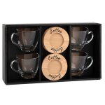 Coffret 4 tasses en verre et soucoupes en bambou
