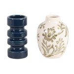 Coffret vases (x2) en grs blanc motif vgtal vert et en verre bleu
