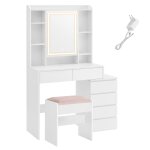 Coiffeuse avec grand miroir compartiments ouverts tabouret blanc nuage Coiffeuse avec grand miroir compartiments ouverts tabouret blanc nuage