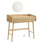 Coiffeuse avec miroir 3 tiroirs imitation rotin beige ch�ne