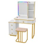 Coiffeuse avec miroir led, contemporaine, blanc, bois d'ing�nierie