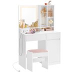 Coiffeuse avec tabouret avec miroir largeur de 90 cm blanc et rose Coiffeuse avec tabouret avec miroir largeur de 90 cm blanc et rose