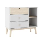 Commode 3 tiroirs 2 niches mdf et pin coloris blanc et naturel Commode 3 tiroirs 2 niches mdf et pin coloris blanc et naturel