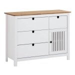 Commode 4 tiroirs 1 porte bois cir et blanc