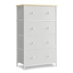 Commode avec 5 tiroirs en tissu blanc et couleur boise