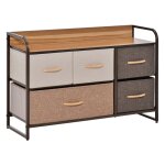 Commode 5 tiroirs tissu marron beige ch�ssis m�tal plateau aspect bois