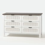 Commode 6 tiroirs blanc rainur� et bois 120cm