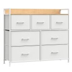 Commode 7 tiroirs cadre en métal blanc et couleur boisée Commode 7 tiroirs cadre en métal blanc et couleur boisée