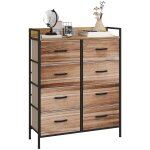 Commode 8 tiroirs et étagère métal noir non tissé aspect bois Commode 8 tiroirs et étagère métal noir non tissé aspect bois
