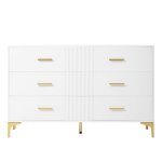 Commode blanche élégante à 6 tiroirs motif ondulé accents dorées Commode blanche élégante à 6 tiroirs motif ondulé accents dorées