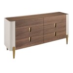 Commode en bois beige, acier poli dor et plateau en noyer