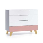 Commode d'enfant en blanc / rose avec jambes en bois