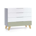 Commode d'enfant en blanc / vert - olive avec jambes en bois Commode d'enfant en blanc / vert - olive avec jambes en bois