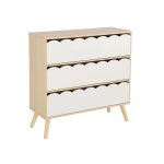 Commode enfant d�cor bois blanc 3 tiroirs, pieds bois de pin