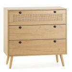 Commode nuit 3 tiroirs couleur chne avec rotin naturel