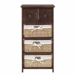 Commode de rangement avec 5 tiroirs en bois et osier marron et beige Commode de rangement avec 5 tiroirs en bois et osier marron et beige